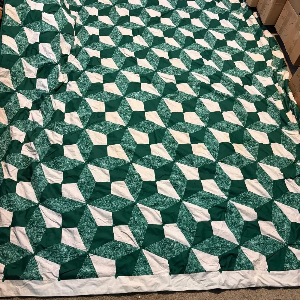 Vintage Handmade Patchwork Quilt Green White Pinwheel Geometric Full Queen 86x97